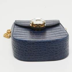 Pre Owned Miu Miu Blue Croc Embossed Leather Crystal Crossbody Bag