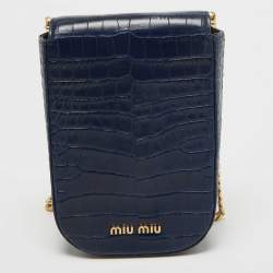 Pre Owned Miu Miu Blue Croc Embossed Leather Crystal Crossbody Bag