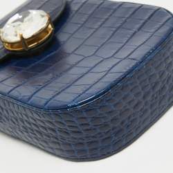 Pre Owned Miu Miu Blue Croc Embossed Leather Crystal Crossbody Bag