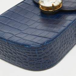 Pre Owned Miu Miu Blue Croc Embossed Leather Crystal Crossbody Bag