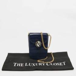 Pre Owned Miu Miu Blue Croc Embossed Leather Crystal Crossbody Bag
