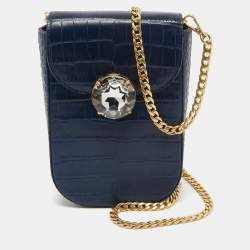 Pre Owned Miu Miu Blue Croc Embossed Leather Crystal Crossbody Bag