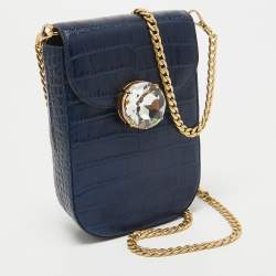 Pre Owned Miu Miu Blue Croc Embossed Leather Crystal Crossbody Bag