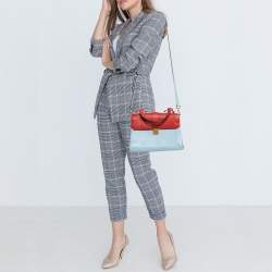 Miu Miu Red/Light Blue Madras Leather Pushlock Top Handle Bag