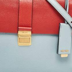 Miu Miu Red/Light Blue Madras Leather Pushlock Top Handle Bag