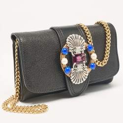 Miu Miu Black Leather Jewel Embellished Buckle Chain Clutch