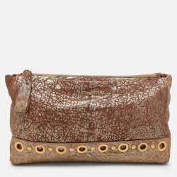 Miu Miu Gold/Brown Textured Leather Clutch