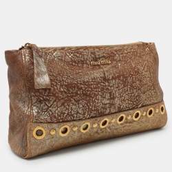 Miu Miu Gold/Brown Textured Leather Clutch