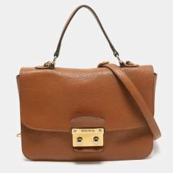 Miu Miu Brown Madras Leather Pushlock Flap Top Handle Bag