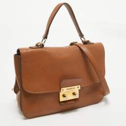 Miu Miu Brown Madras Leather Pushlock Flap Top Handle Bag