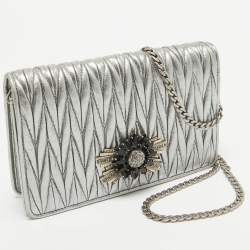Miu Miu Metallic Grey Matelassé Leather Crystals Embellished Chain Clutch