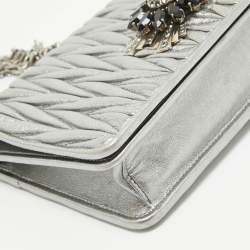 Miu Miu Metallic Grey Matelassé Leather Crystals Embellished Chain Clutch
