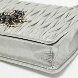 Miu Miu Metallic Grey Matelassé Leather Crystals Embellished Chain Clutch