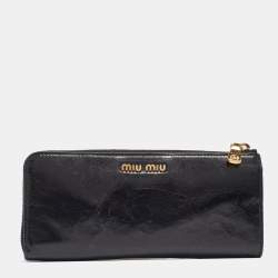 Miu Miu Black Crackled Glossy Leather Studded Continental Wallet