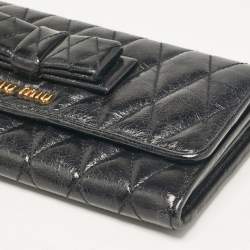 Miu Miu Black Glossy Leather Bow Flap Continental Wallet