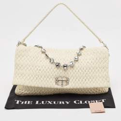 Miu Miu White Matelassé Leather Crystal Cloqué Flap Shoulder Bag