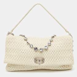 Miu Miu White Matelassé Leather Crystal Cloqué Flap Shoulder Bag