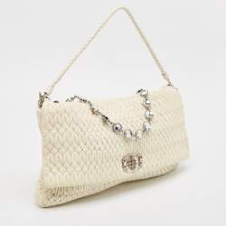 Miu Miu White Matelassé Leather Crystal Cloqué Flap Shoulder Bag