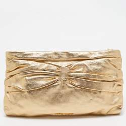 Miu Miu Gold Leather Pleated Zip Clutch