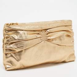 Miu Miu Gold Leather Pleated Zip Clutch
