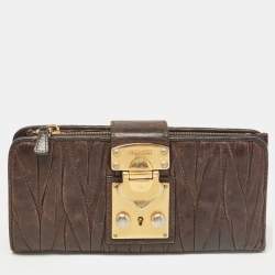 Miu Miu Dark Brown Matelassé Leather Clasp Lock Continental Wallet