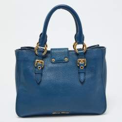 Pre Owned Miu Miu Blue Madras Leather Pushlock Tote