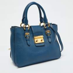 Pre Owned Miu Miu Blue Madras Leather Pushlock Tote