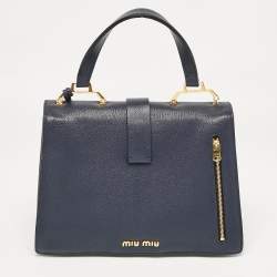 Miu Miu Navy Blue Leather Madras Top Handle Bag