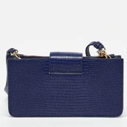 Pre Owned Miu Miu Blue Lizard Embossed Leather Phone Wallet Crossbody Bag
