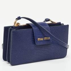 Pre Owned Miu Miu Blue Lizard Embossed Leather Phone Wallet Crossbody Bag