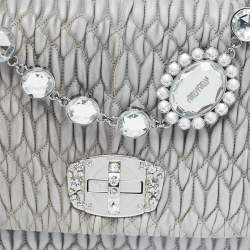 Miu Miu Grey Matelassé Leather Crystal Cloqué Flap Shoulder Bag
