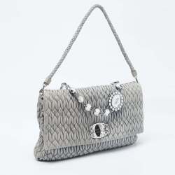 Miu Miu Grey Matelassé Leather Crystal Cloqué Flap Shoulder Bag