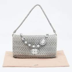 Miu Miu Grey Matelassé Leather Crystal Cloqué Flap Shoulder Bag