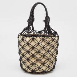 Miu Miu Black/Tan Leather Mesh and Straw Bucket Bag