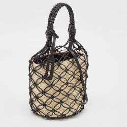Miu Miu Black/Tan Leather Mesh and Straw Bucket Bag