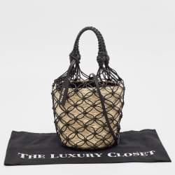 Miu Miu Black/Tan Leather Mesh and Straw Bucket Bag