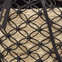 Miu Miu Black/Tan Leather Mesh and Straw Bucket Bag