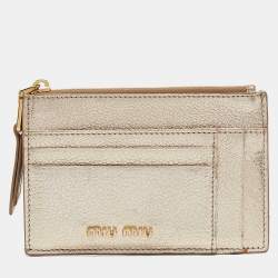 Miu Miu Metallic Gold Madras Leather Zip Card Holder