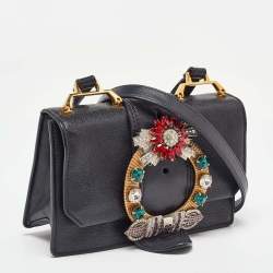 Miu Miu Black Madras Leather Crystal Embellished Buckle Flap Shoulder Bag