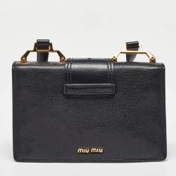 Miu Miu Black Madras Leather Crystal Embellished Buckle Flap Shoulder Bag