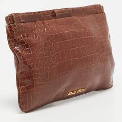 Miu Miu Brown Croc Effect Patent Leather Frame Clutch