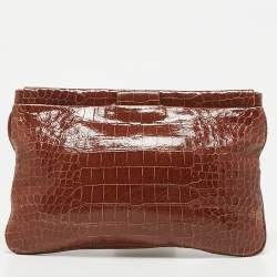 Miu Miu Brown Croc Effect Patent Leather Frame Clutch