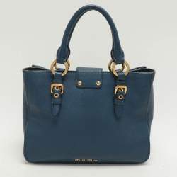 Miu Miu Blue Madras Leather Pushlock Tote