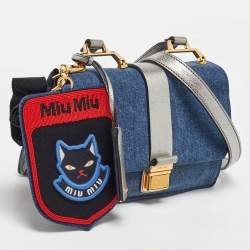 Miu Miu Blue/Silver Denim and Leather Flap Shoulder Bag