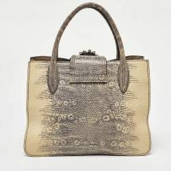 Miu Miu Cream/Black Lizard Embossed Leather Crystal Embellished Tote