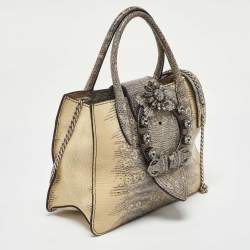 Miu Miu Cream/Black Lizard Embossed Leather Crystal Embellished Tote