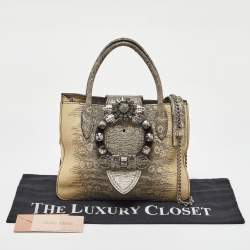 Miu Miu Cream/Black Lizard Embossed Leather Crystal Embellished Tote