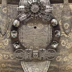 Miu Miu Cream/Black Lizard Embossed Leather Crystal Embellished Tote
