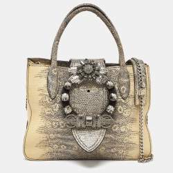 Miu Miu Cream/Black Lizard Embossed Leather Crystal Embellished Tote
