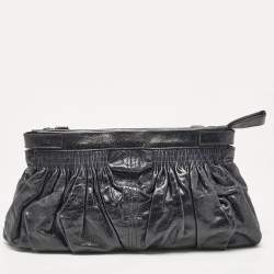 Miu Miu Dark Blue Leather Ruched Buckle Clutch
